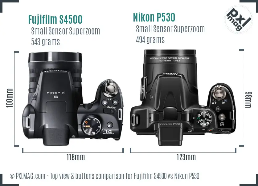 Fujifilm S4500 vs Nikon P530 top view buttons comparison