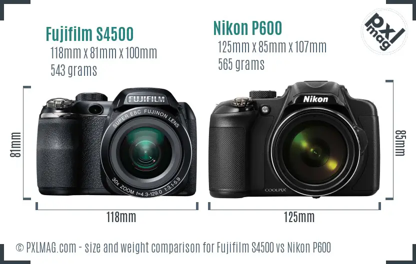Fujifilm S4500 vs Nikon P600 size comparison