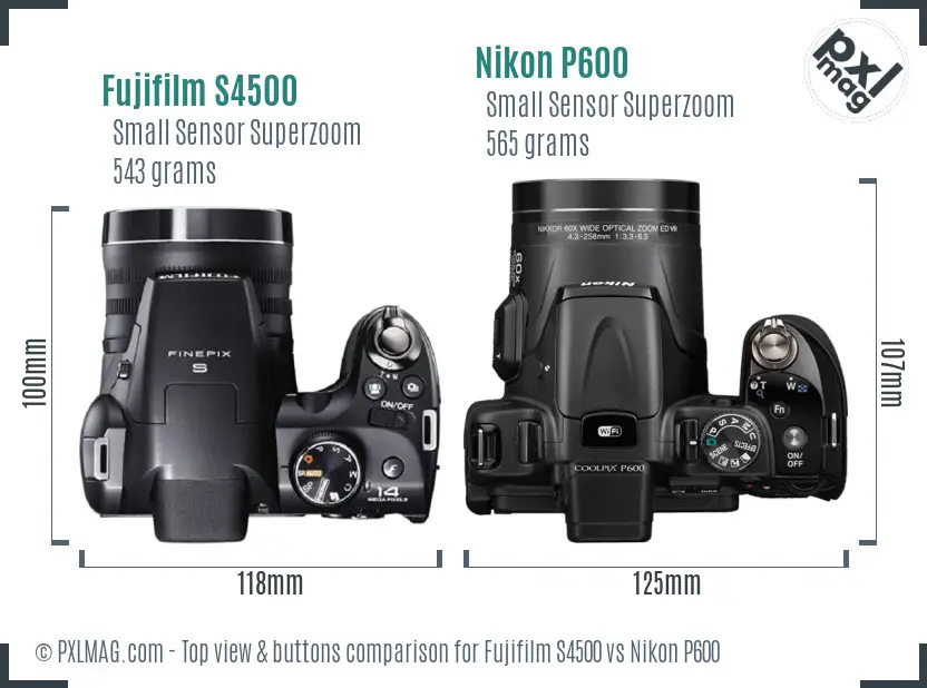Fujifilm S4500 vs Nikon P600 top view buttons comparison