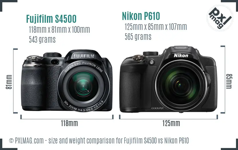Fujifilm S4500 vs Nikon P610 size comparison