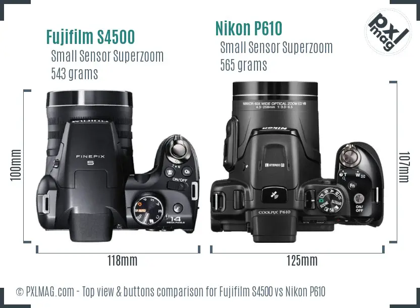 Fujifilm S4500 vs Nikon P610 top view buttons comparison