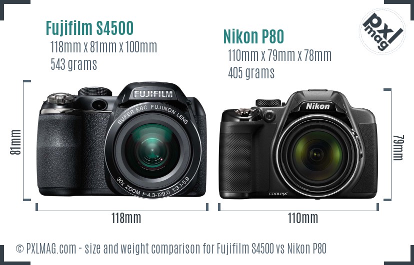 Fujifilm S4500 vs Nikon P80 size comparison
