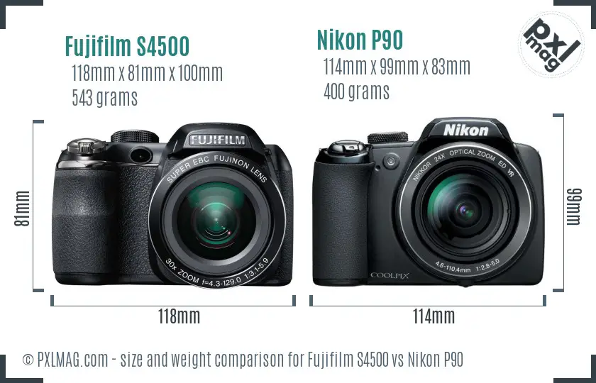 Fujifilm S4500 vs Nikon P90 size comparison
