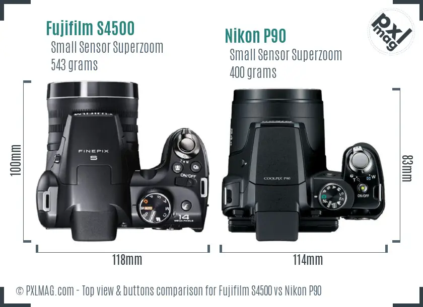 Fujifilm S4500 vs Nikon P90 top view buttons comparison