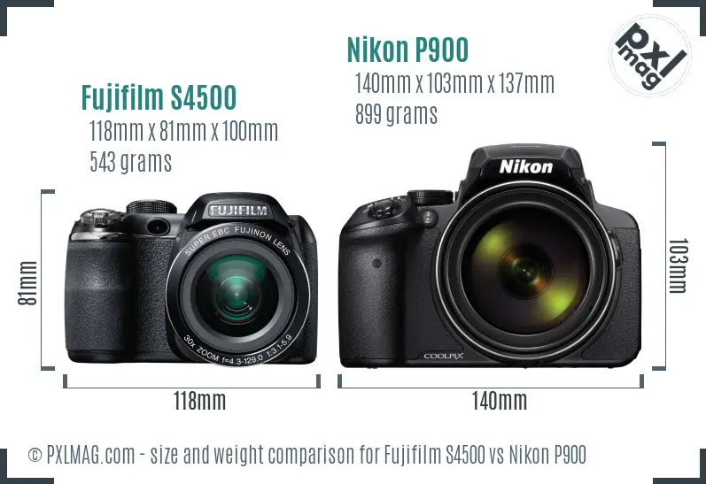 Fujifilm S4500 vs Nikon P900 size comparison