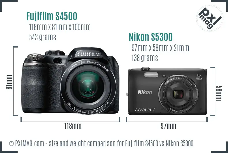 Fujifilm S4500 vs Nikon S5300 size comparison