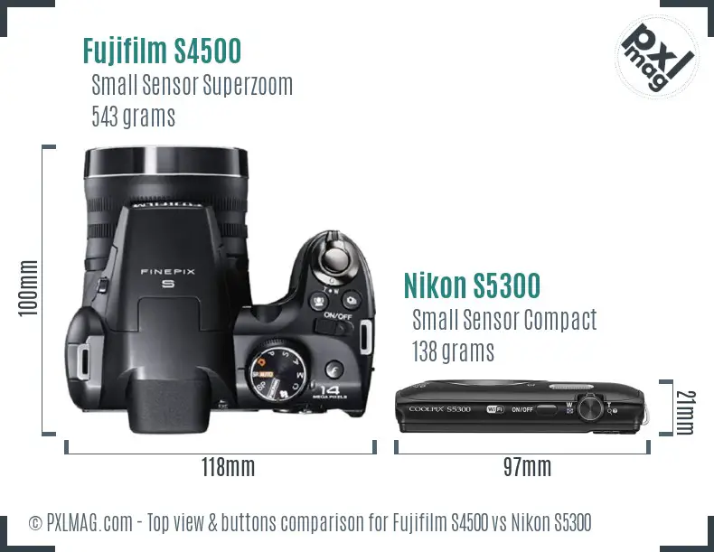 Fujifilm S4500 vs Nikon S5300 top view buttons comparison