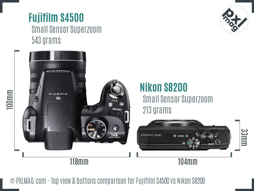 Fujifilm S4500 vs Nikon S8200 top view buttons comparison Fujifilm S4500 vs Nikon S8200 top view buttons comparison