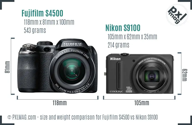 Fujifilm S4500 vs Nikon S9100 size comparison