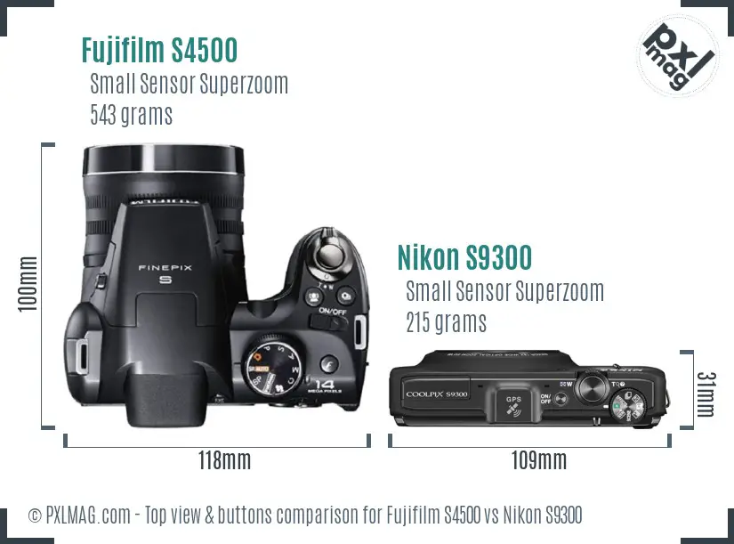 Fujifilm S4500 vs Nikon S9300 top view buttons comparison
