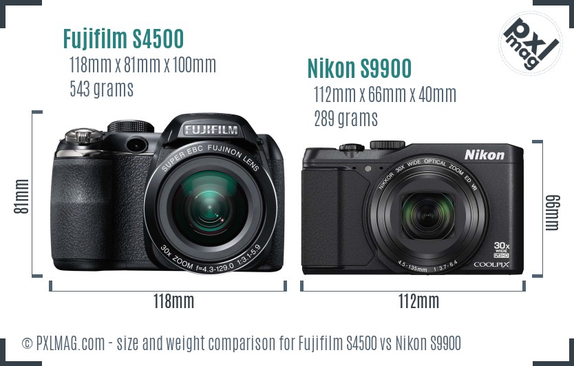 Fujifilm S4500 vs Nikon S9900 size comparison