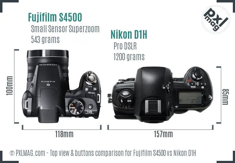 Fujifilm S4500 vs Nikon D1H top view buttons comparison