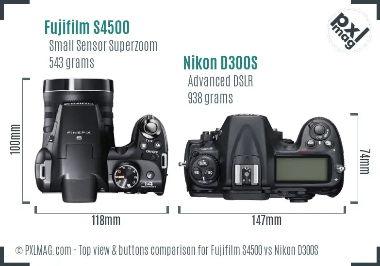 Fujifilm S4500 vs Nikon D300S top view buttons comparison