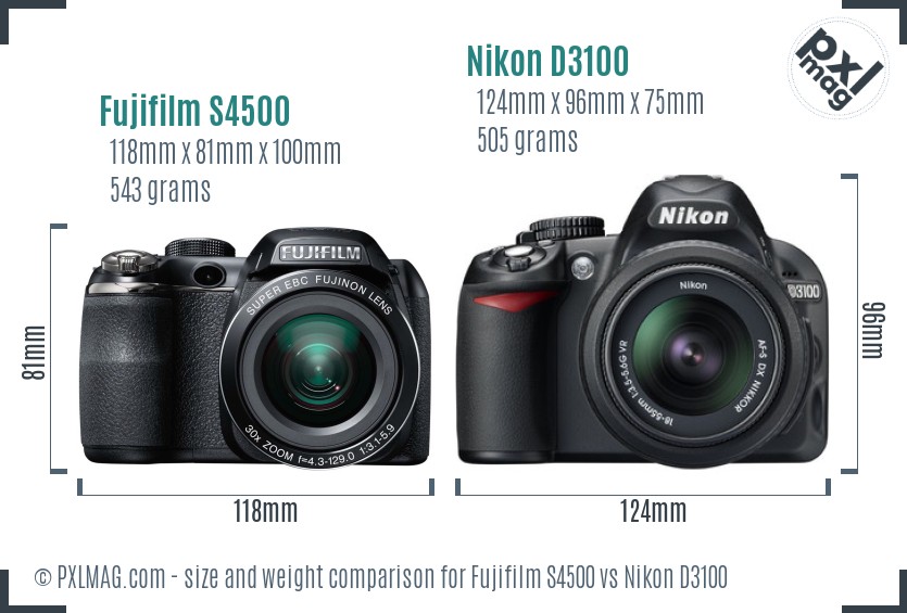 Fujifilm S4500 vs Nikon D3100 size comparison Fujifilm S4500 vs Nikon D3100 size comparison