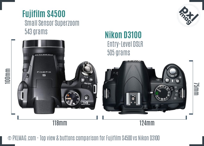 Fujifilm S4500 vs Nikon D3100 top view buttons comparison