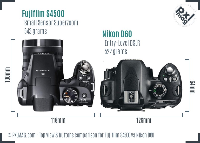 Fujifilm S4500 vs Nikon D60 top view buttons comparison