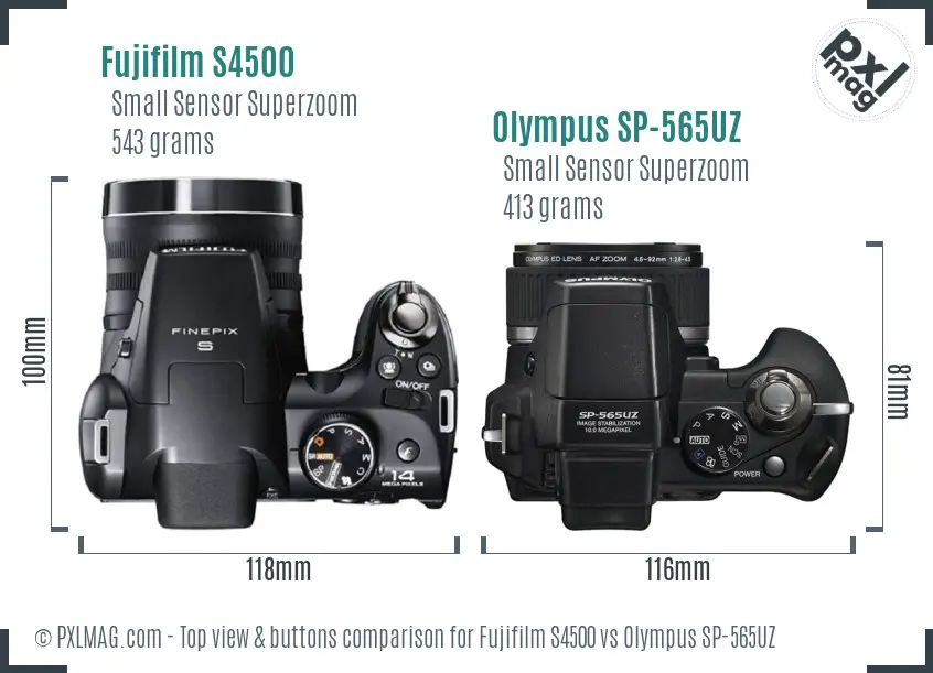 Fujifilm S4500 vs Olympus SP-565UZ top view buttons comparison Fujifilm S4500 vs Olympus SP-565UZ top view buttons comparison