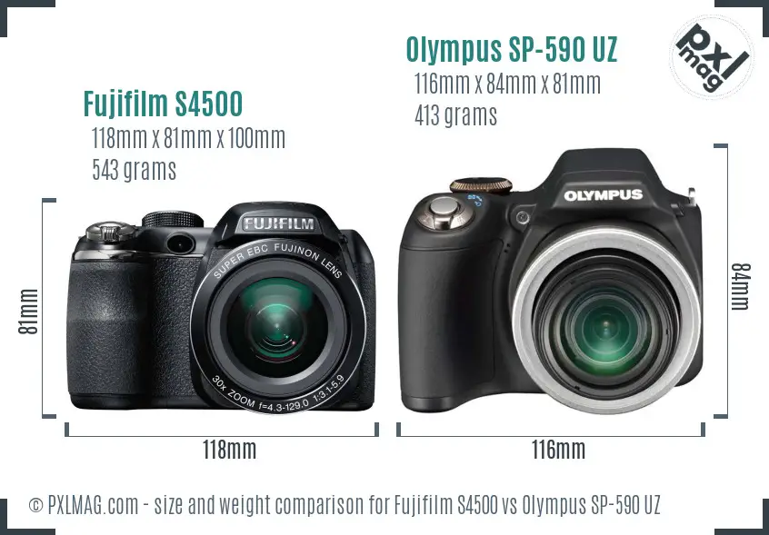 Fujifilm S4500 vs Olympus SP-590 UZ size comparison Fujifilm S4500 vs Olympus SP-590 UZ size comparison