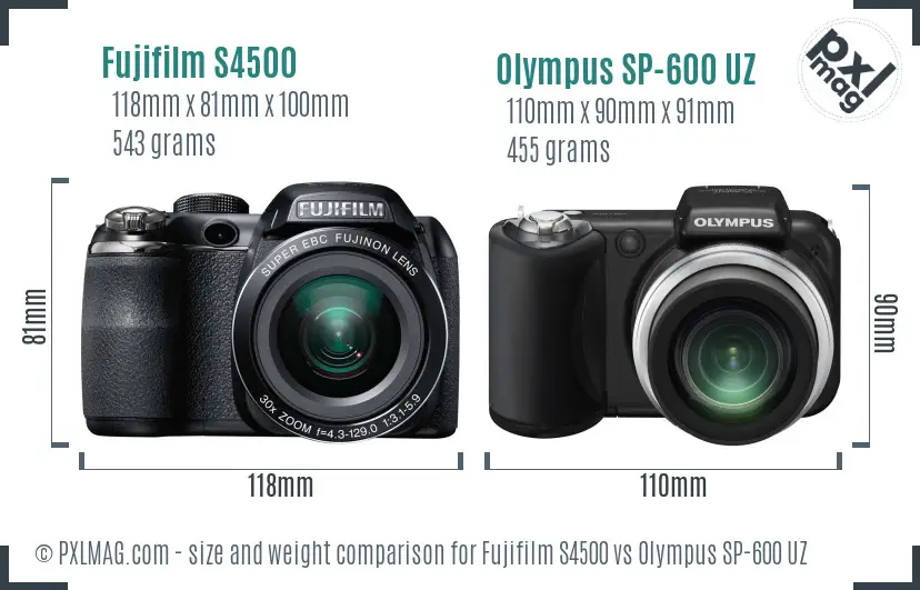 Fujifilm S4500 vs Olympus SP-600 UZ size comparison Fujifilm S4500 vs Olympus SP-600 UZ size comparison