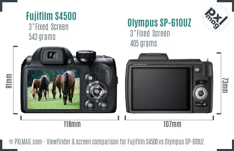 Fujifilm S4500 vs Olympus SP-610UZ Screen and Viewfinder comparison