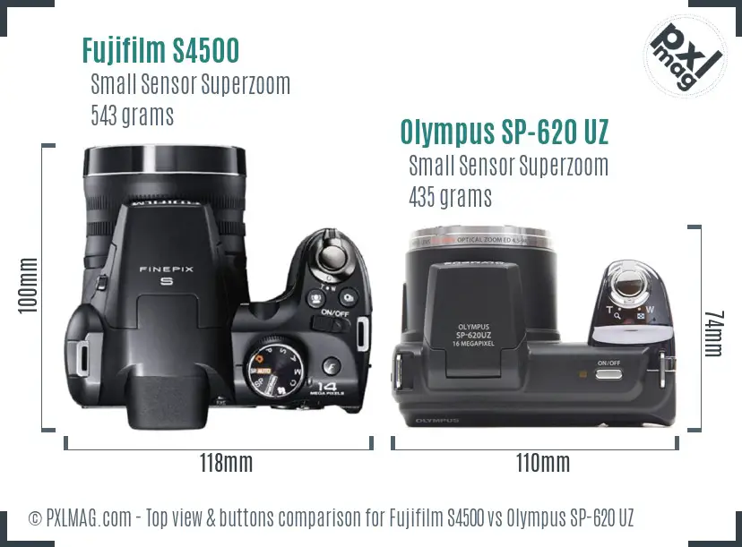 Fujifilm S4500 vs Olympus SP-620 UZ top view buttons comparison