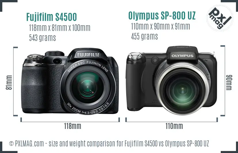 Fujifilm S4500 vs Olympus SP-800 UZ size comparison