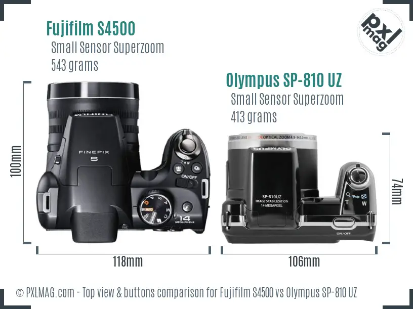Fujifilm S4500 vs Olympus SP-810 UZ top view buttons comparison