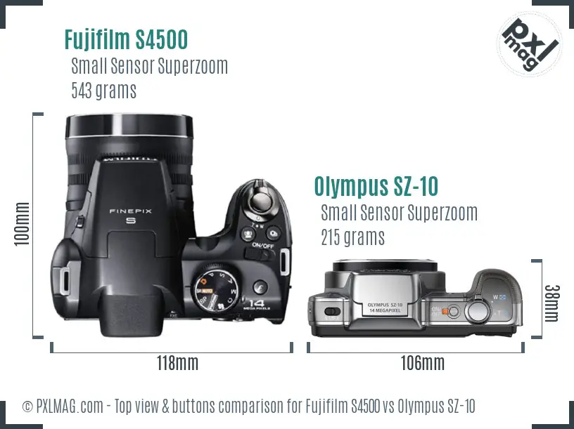 Fujifilm S4500 vs Olympus SZ-10 top view buttons comparison