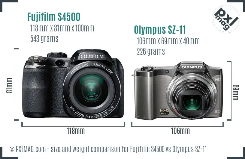 Fujifilm S4500 vs Olympus SZ-11 size comparison