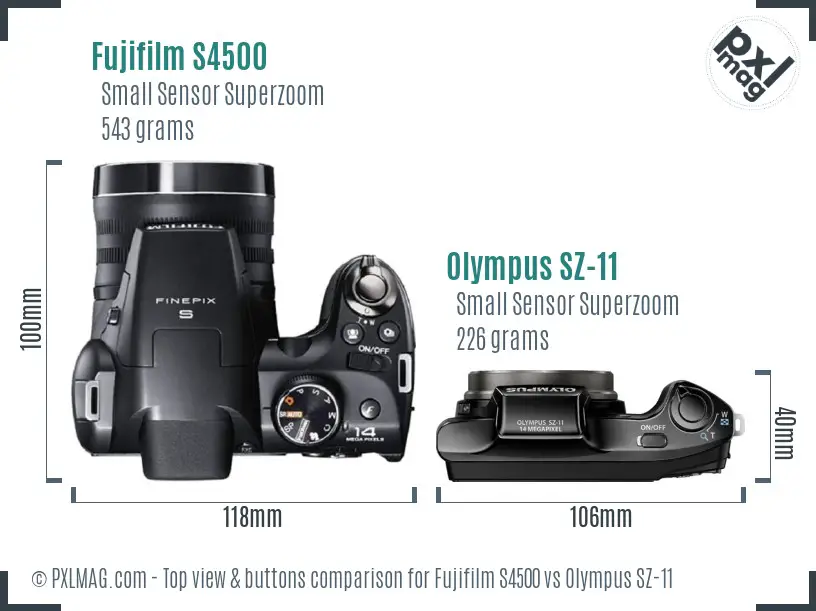 Fujifilm S4500 vs Olympus SZ-11 top view buttons comparison