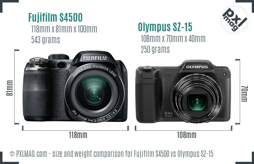 Fujifilm S4500 vs Olympus SZ-15 size comparison