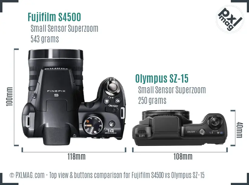 Fujifilm S4500 vs Olympus SZ-15 top view buttons comparison