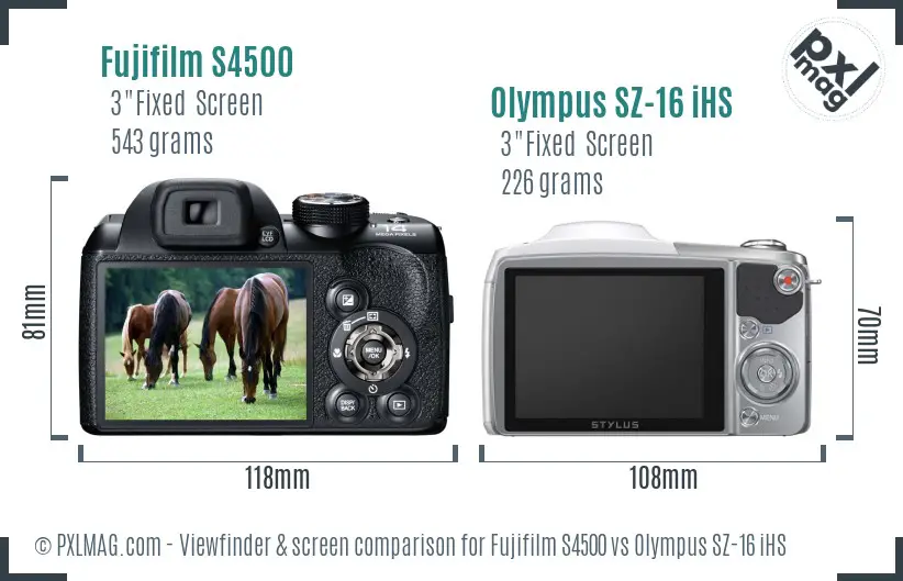 Fujifilm S4500 vs Olympus SZ-16 iHS Screen and Viewfinder comparison