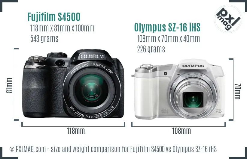 Fujifilm S4500 vs Olympus SZ-16 iHS size comparison