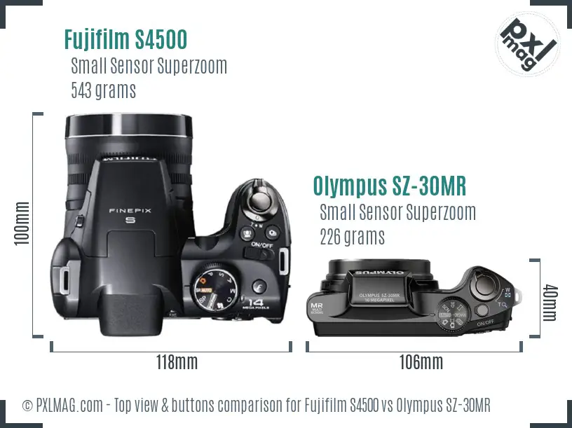Fujifilm S4500 vs Olympus SZ-30MR top view buttons comparison