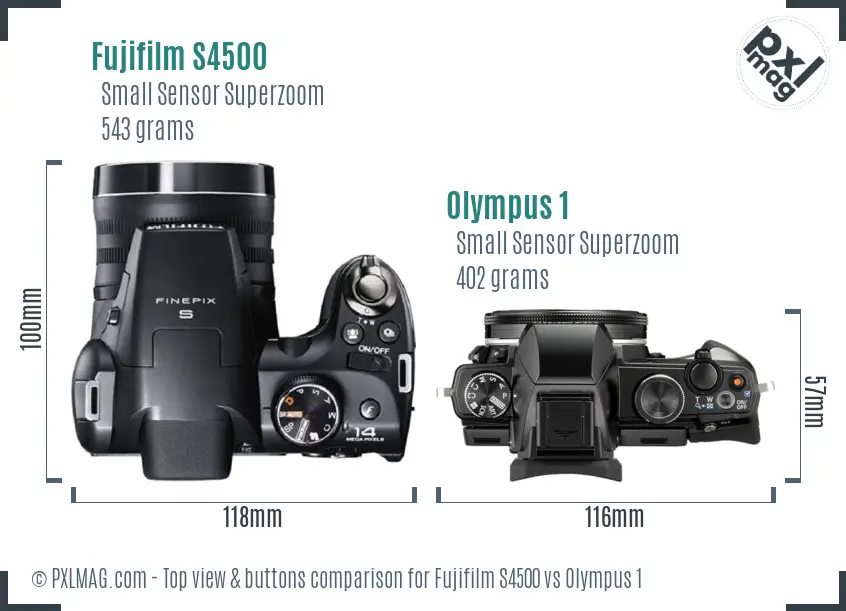 Fujifilm S4500 vs Olympus 1 top view buttons comparison