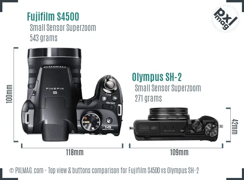 Fujifilm S4500 vs Olympus SH-2 top view buttons comparison