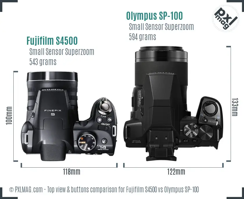 Fujifilm S4500 vs Olympus SP-100 top view buttons comparison