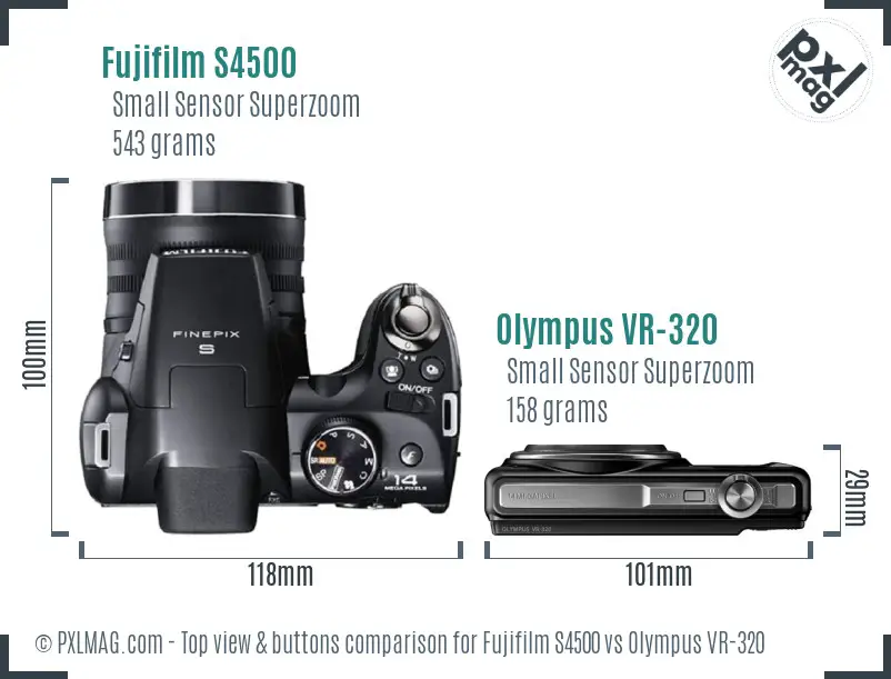 Fujifilm S4500 vs Olympus VR-320 top view buttons comparison Fujifilm S4500 vs Olympus VR-320 top view buttons comparison
