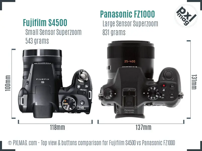 Fujifilm S4500 vs Panasonic FZ1000 top view buttons comparison Fujifilm S4500 vs Panasonic FZ1000 top view buttons comparison
