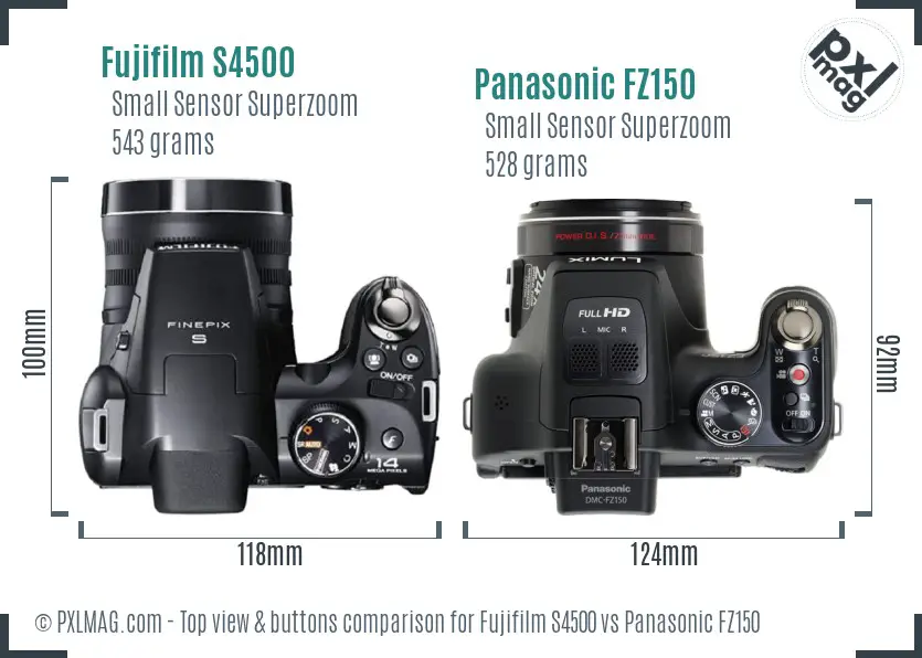Fujifilm S4500 vs Panasonic FZ150 top view buttons comparison Fujifilm S4500 vs Panasonic FZ150 top view buttons comparison