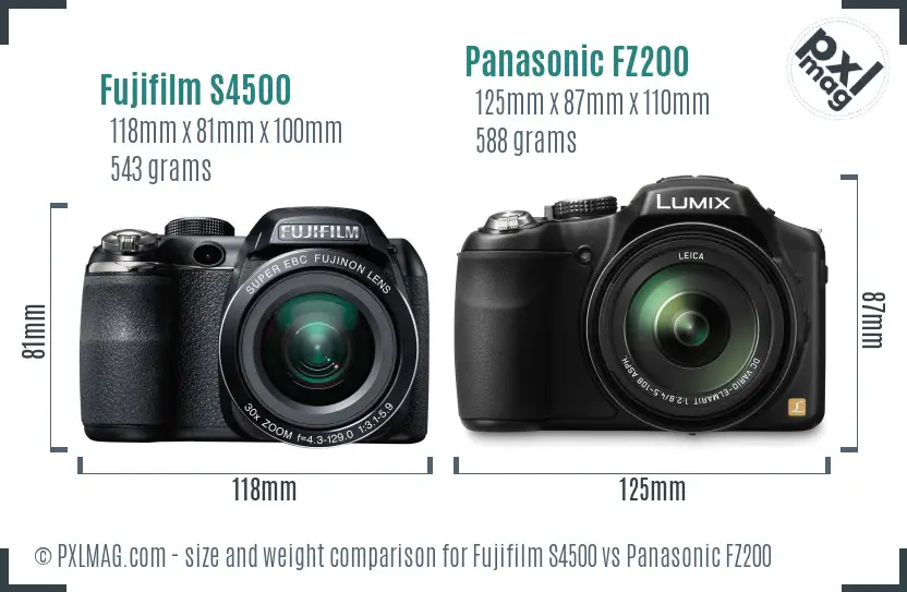 Fujifilm S4500 vs Panasonic FZ200 size comparison