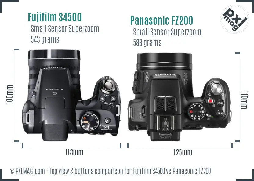 Fujifilm S4500 vs Panasonic FZ200 top view buttons comparison
