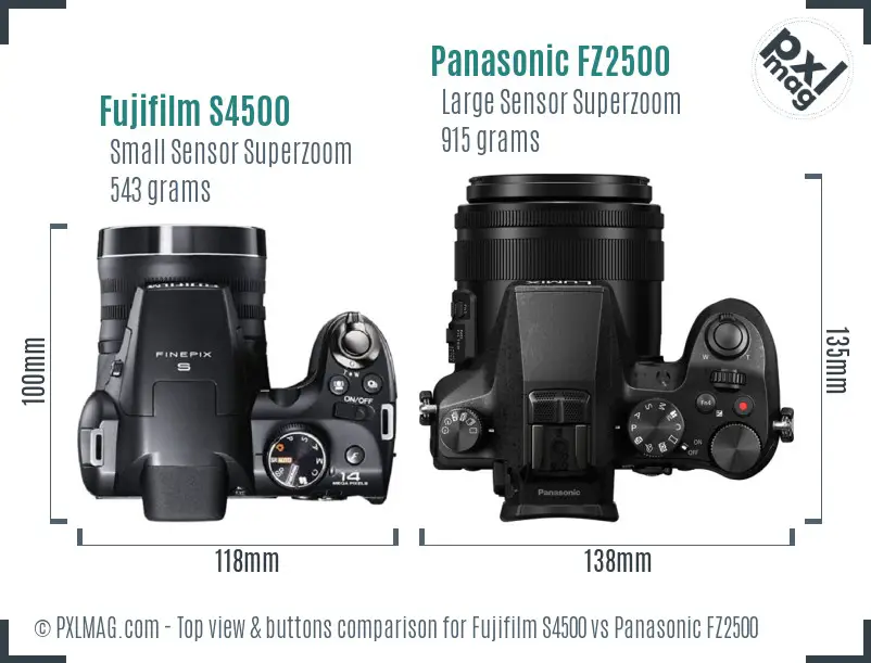 Fujifilm S4500 vs Panasonic FZ2500 top view buttons comparison
