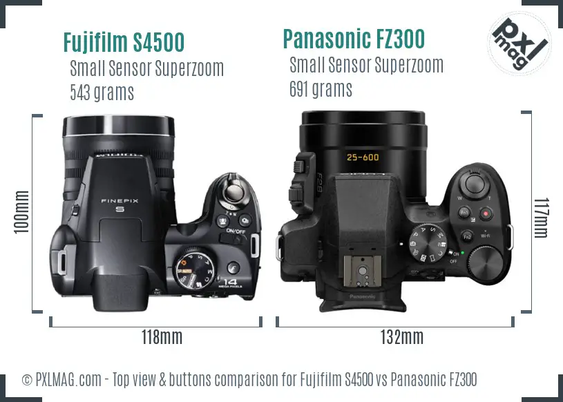 Fujifilm S4500 vs Panasonic FZ300 top view buttons comparison