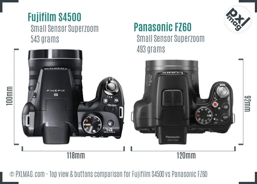Fujifilm S4500 vs Panasonic FZ60 top view buttons comparison Fujifilm S4500 vs Panasonic FZ60 top view buttons comparison