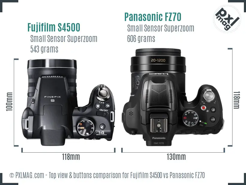 Fujifilm S4500 vs Panasonic FZ70 top view buttons comparison Fujifilm S4500 vs Panasonic FZ70 top view buttons comparison