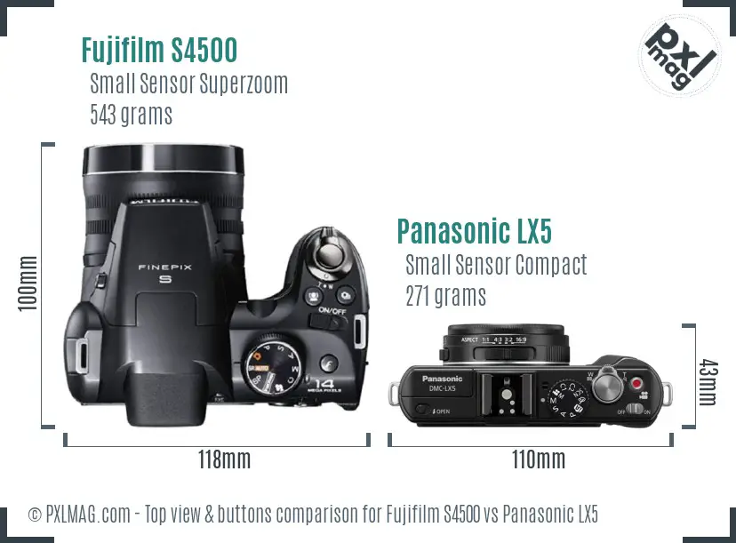 Fujifilm S4500 vs Panasonic LX5 top view buttons comparison