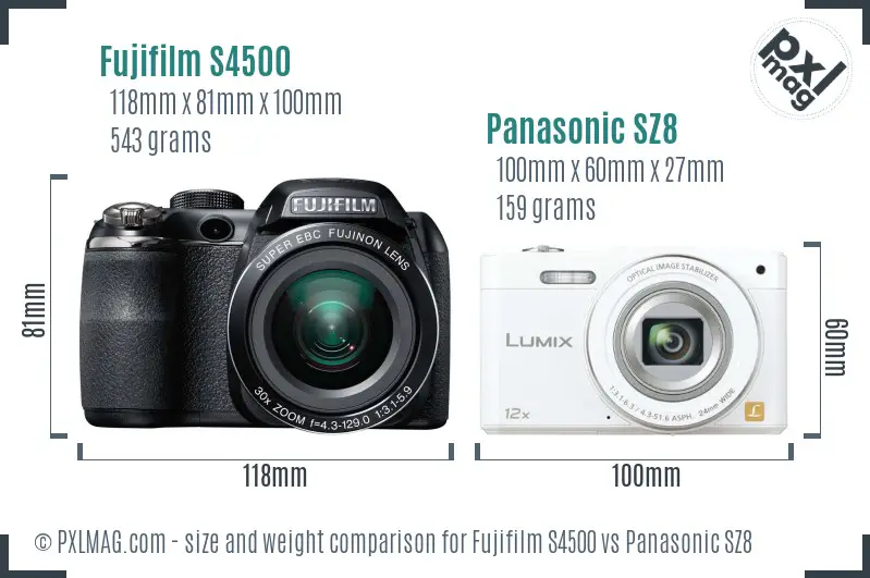 Fujifilm S4500 vs Panasonic SZ8 size comparison