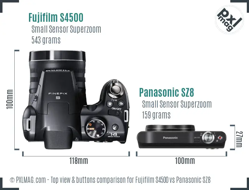 Fujifilm S4500 vs Panasonic SZ8 top view buttons comparison